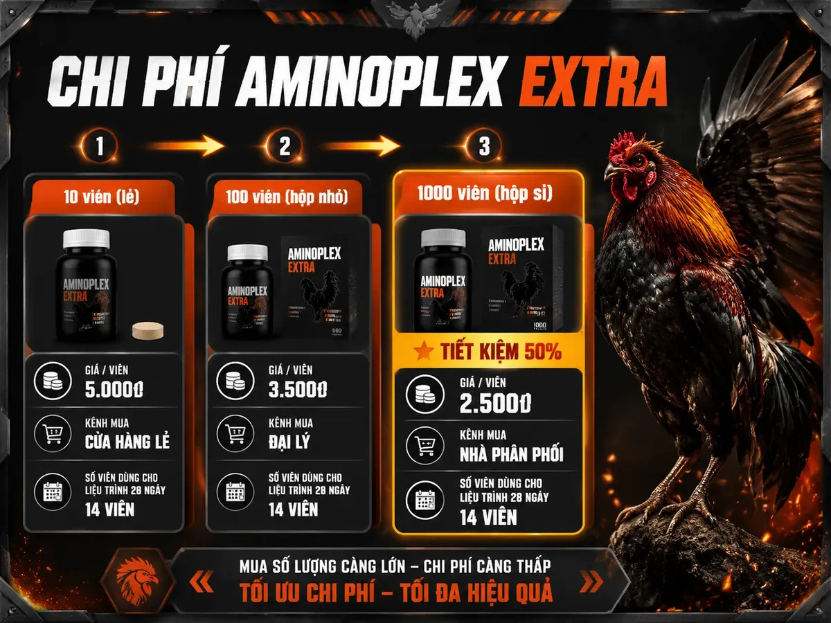 So sánh giá Aminoplex Extra theo số lượng và kênh mua, tiết kiệm mua sỉ, chi phí 1 con gà nòi 28 ngày