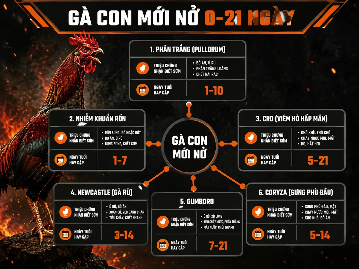 Infographic hướng dẫn gà con mới nở dễ mắc bệnh trong 21 ngày, kèm triệu chứng và mốc ngày tuổi
