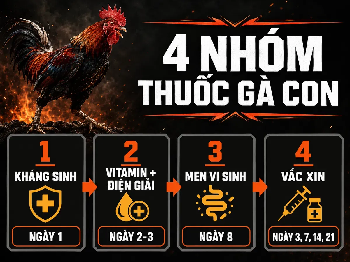 Phân loại thuốc phòng bệnh cho gà con mới nở theo nhóm và mốc ngày, trực quan dễ đọc, style mạnh mẽ.
