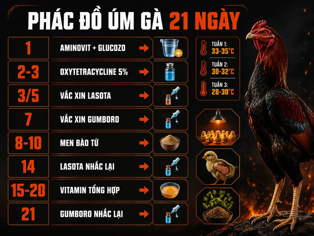 Infographic phác đồ thuốc úm gà con từ ngày 1 đến 21 gồm điện giải, kháng sinh, vắc xin Lasota, Gumboro, men vi sinh và nhiệt độ chuồng.