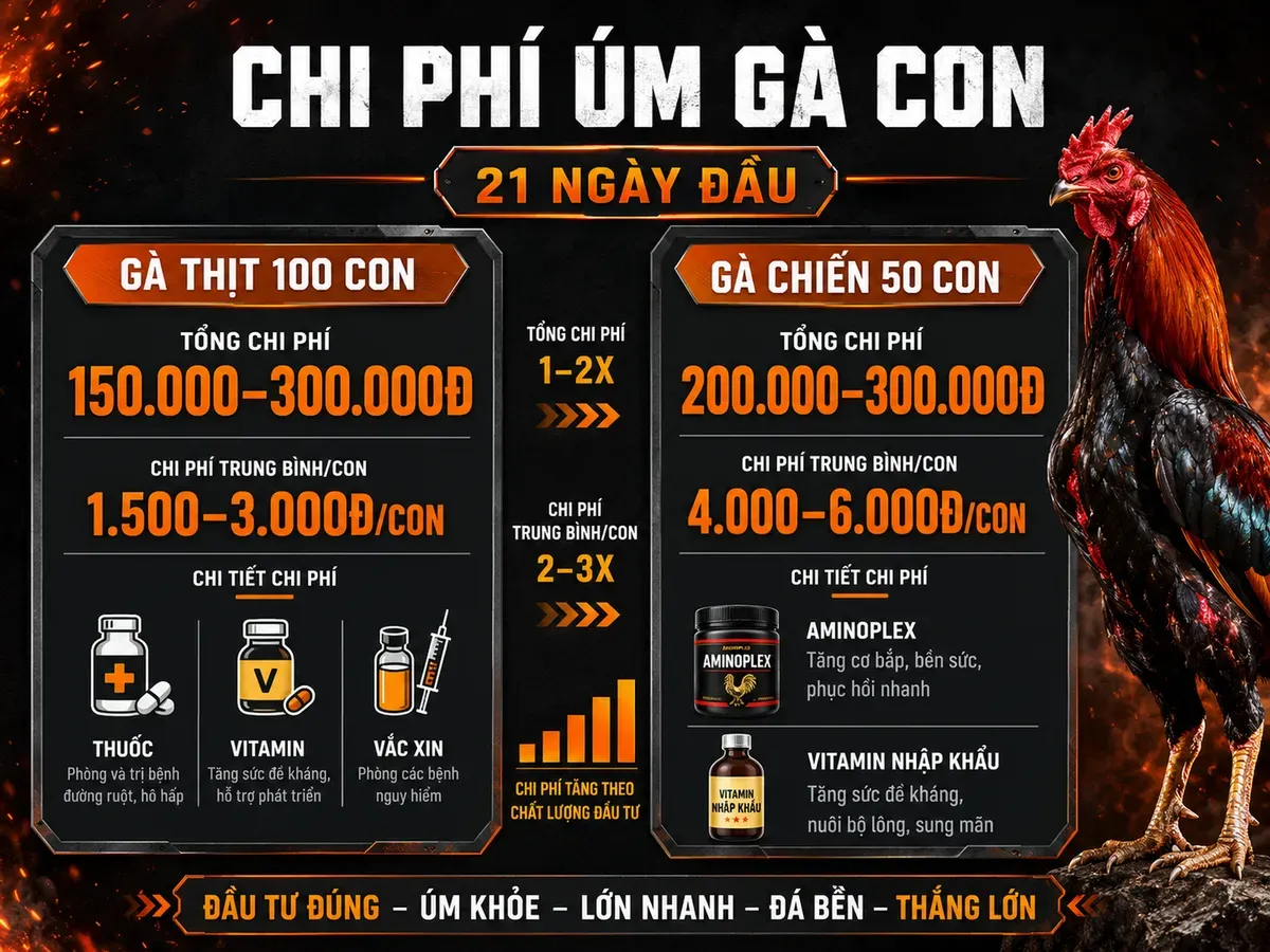 Infographic chi phí thuốc úm gà con 21 ngày đầu cho 100 con, so sánh gà thịt và gà chiến