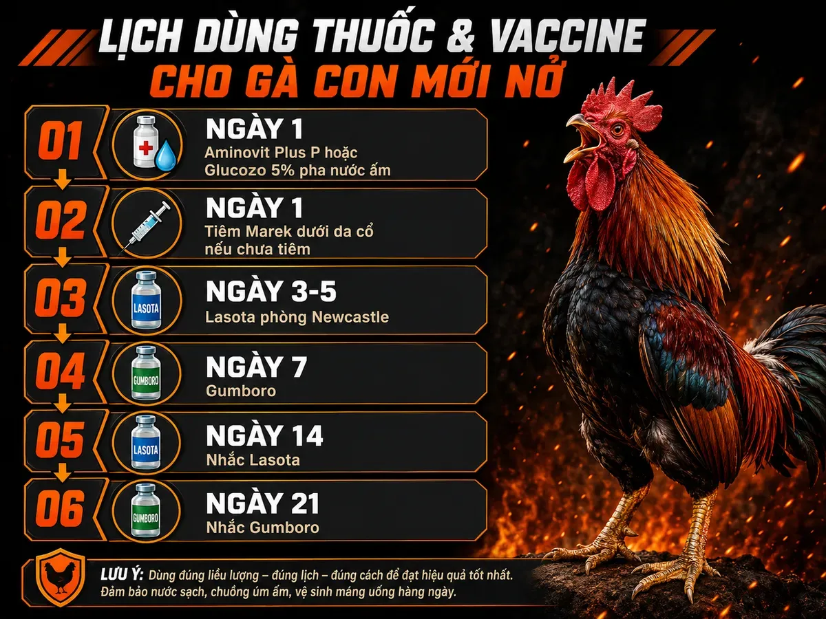 Phác đồ thuốc và vắc xin cho gà con mới nở, minh họa từng bước uống thuốc và tiêm vaccine cho gà chiến
