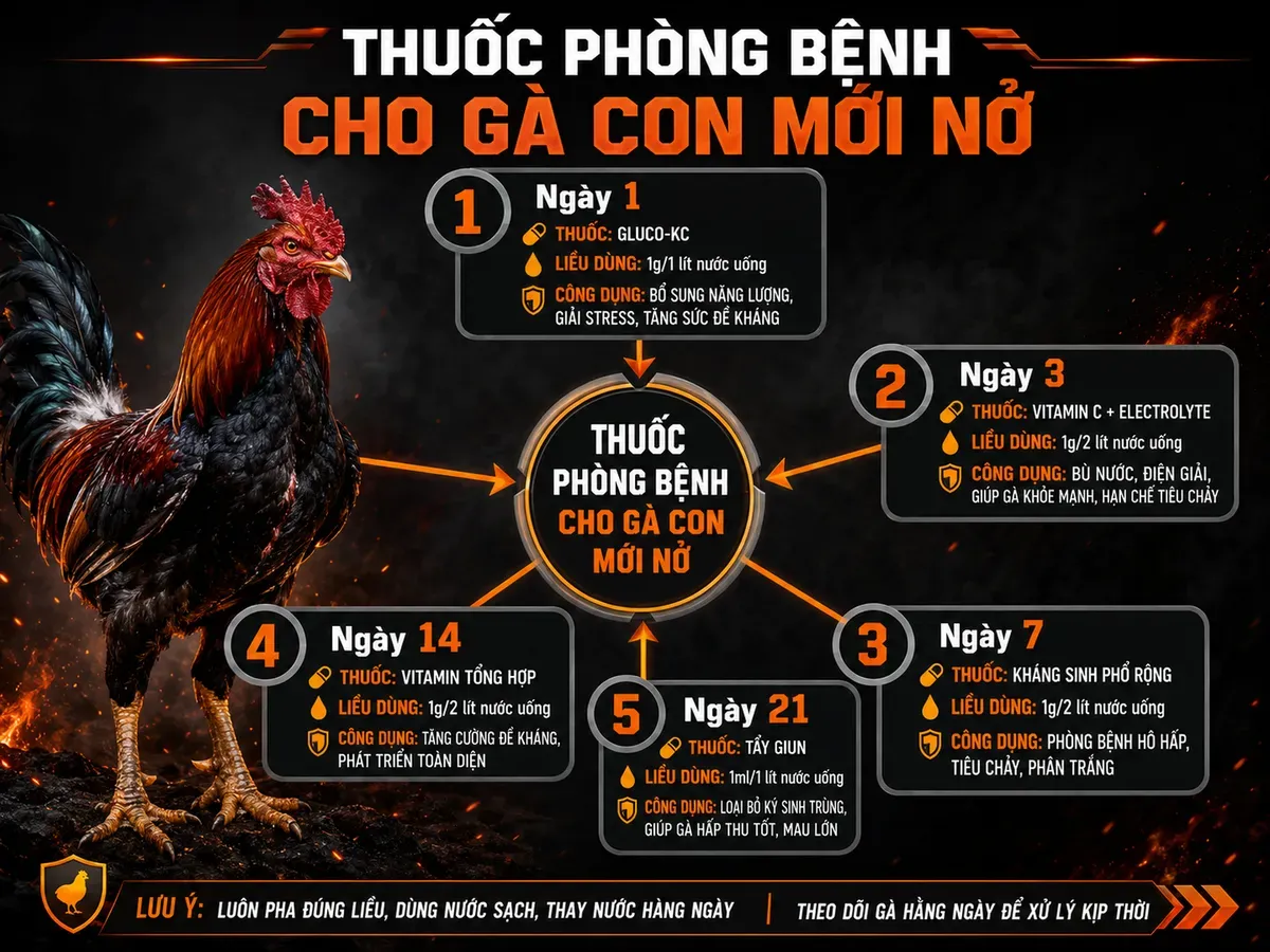 Sơ đồ các loại thuốc phòng bệnh cho gà con mới nở từ ngày 1 đến 21, infographic radial hub-and-spoke