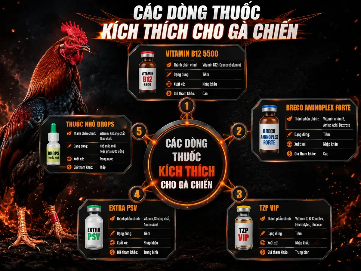 So sánh các dòng thuốc kích thích cho gà chiến phổ biến, phân loại, dạng dùng và giá tham khảo