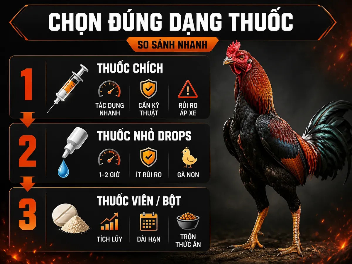 Infographic so sánh thuốc chích, thuốc nhỏ và thuốc viên cho gà chiến theo tốc độ tác dụng và độ an toàn