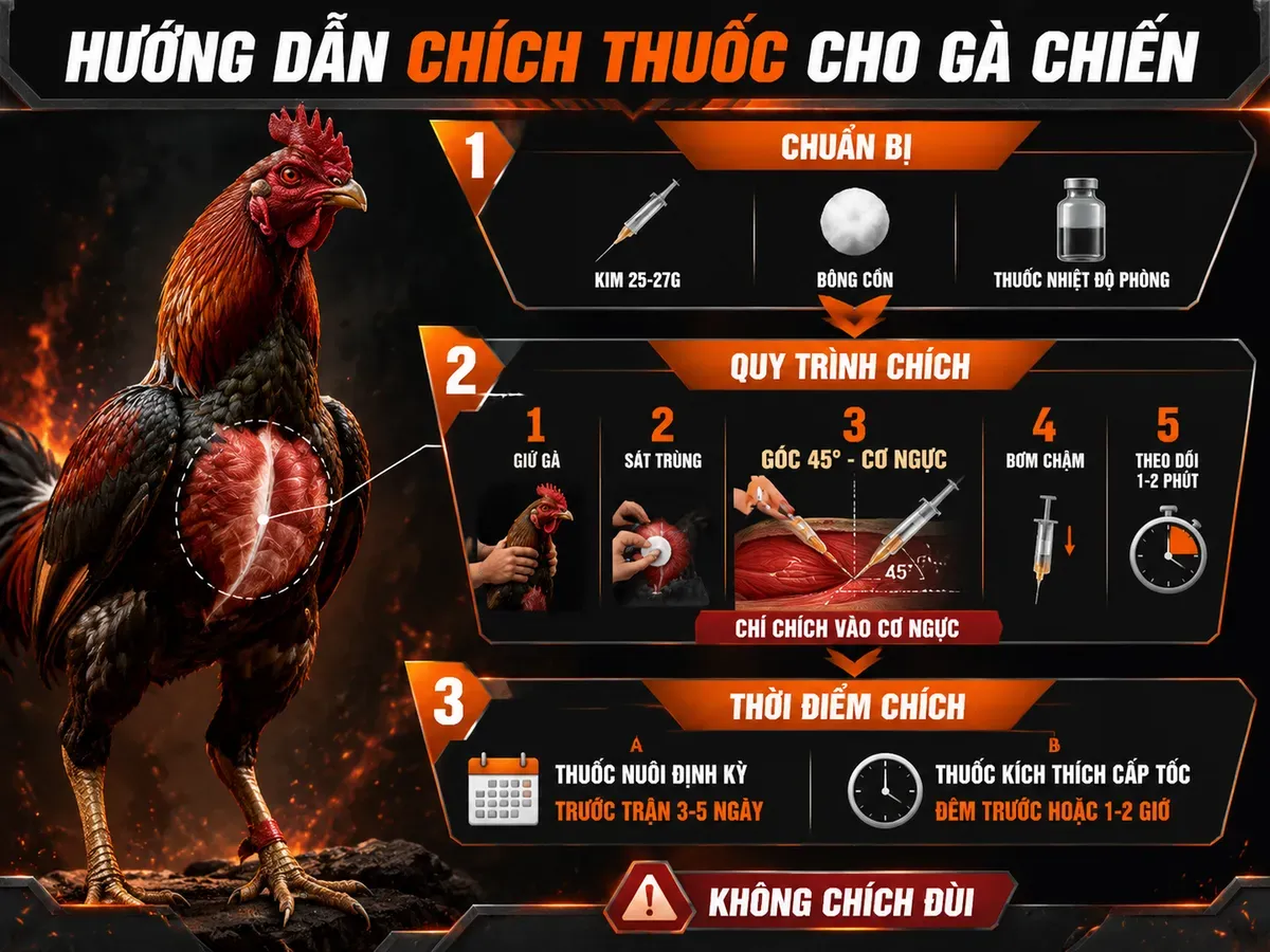 Infographic kỹ thuật chích thuốc gà chiến đúng vị trí góc tiêm và thời điểm theo từng nhóm thuốc