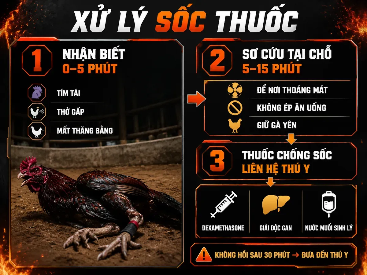 Infographic xử lý khẩn cấp khi gà bị sốc thuốc với dấu hiệu nhận biết, sơ cứu và thuốc chống sốc cho gà chiến