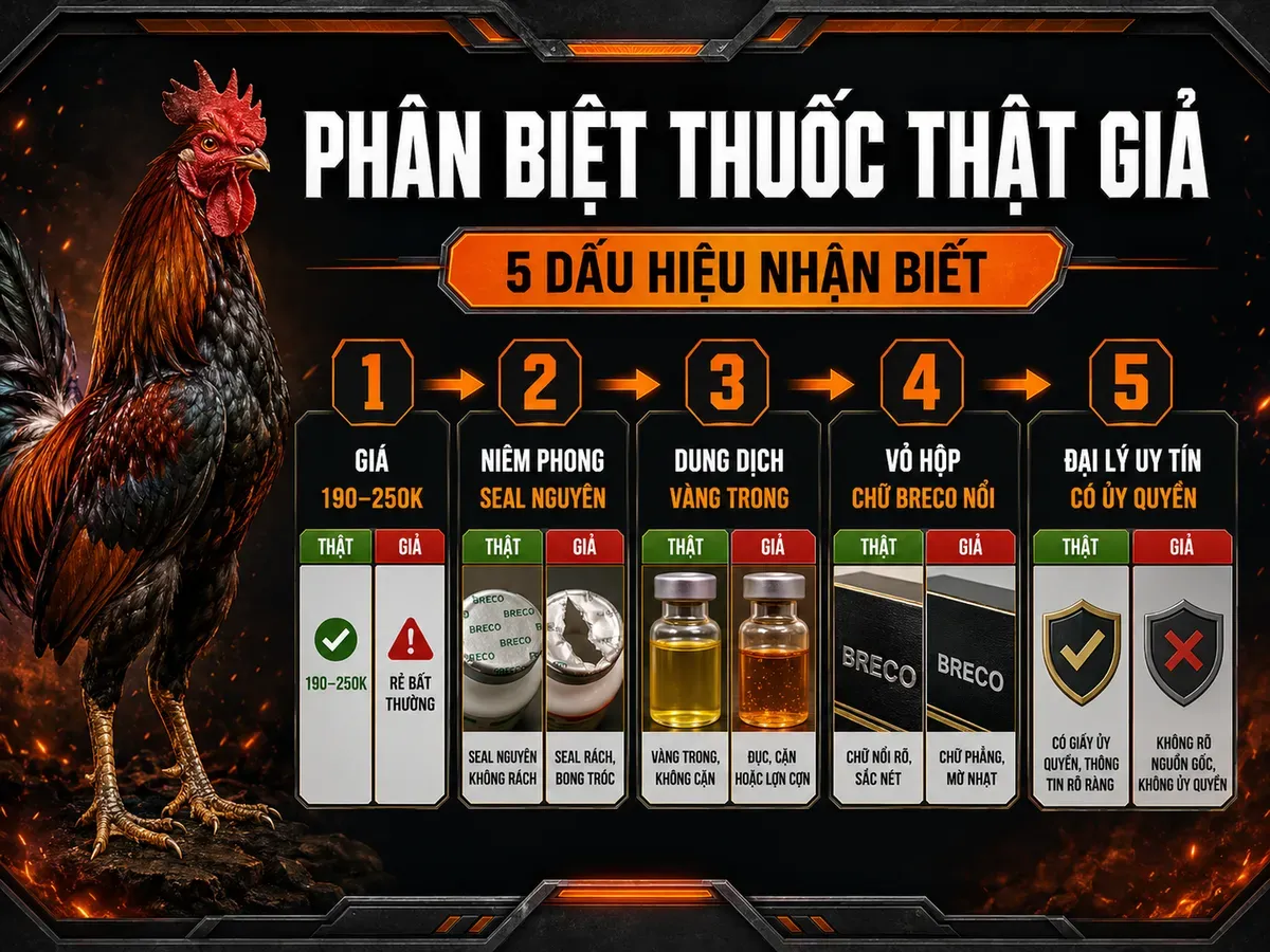 Infographic phân biệt Aminoplex Breco chính hãng và hàng giả bằng 5 bước kiểm tra khi mua cho gà chiến