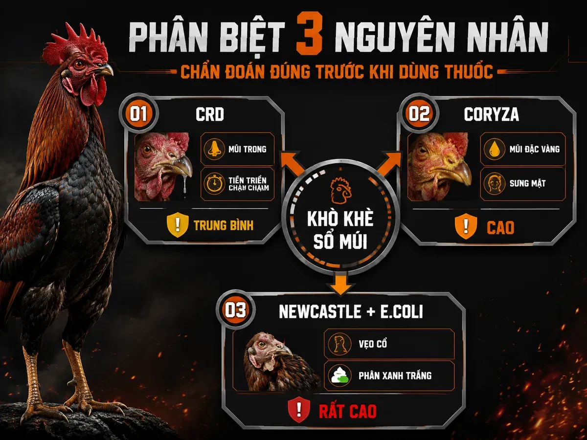 So sánh CRD Coryza và Newcastle ghép E.coli gây khò khè sổ mũi ở gà đá