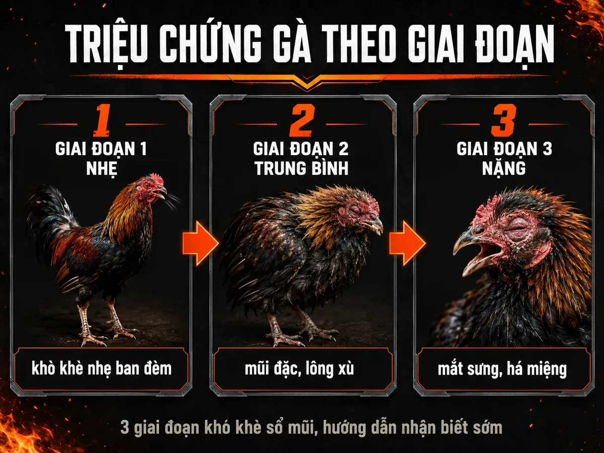 Triệu chứng gà khò khè sổ mũi theo từng giai đoạn, infographic timeline 3 bước, gà chiến oai vệ, nền tối combat
