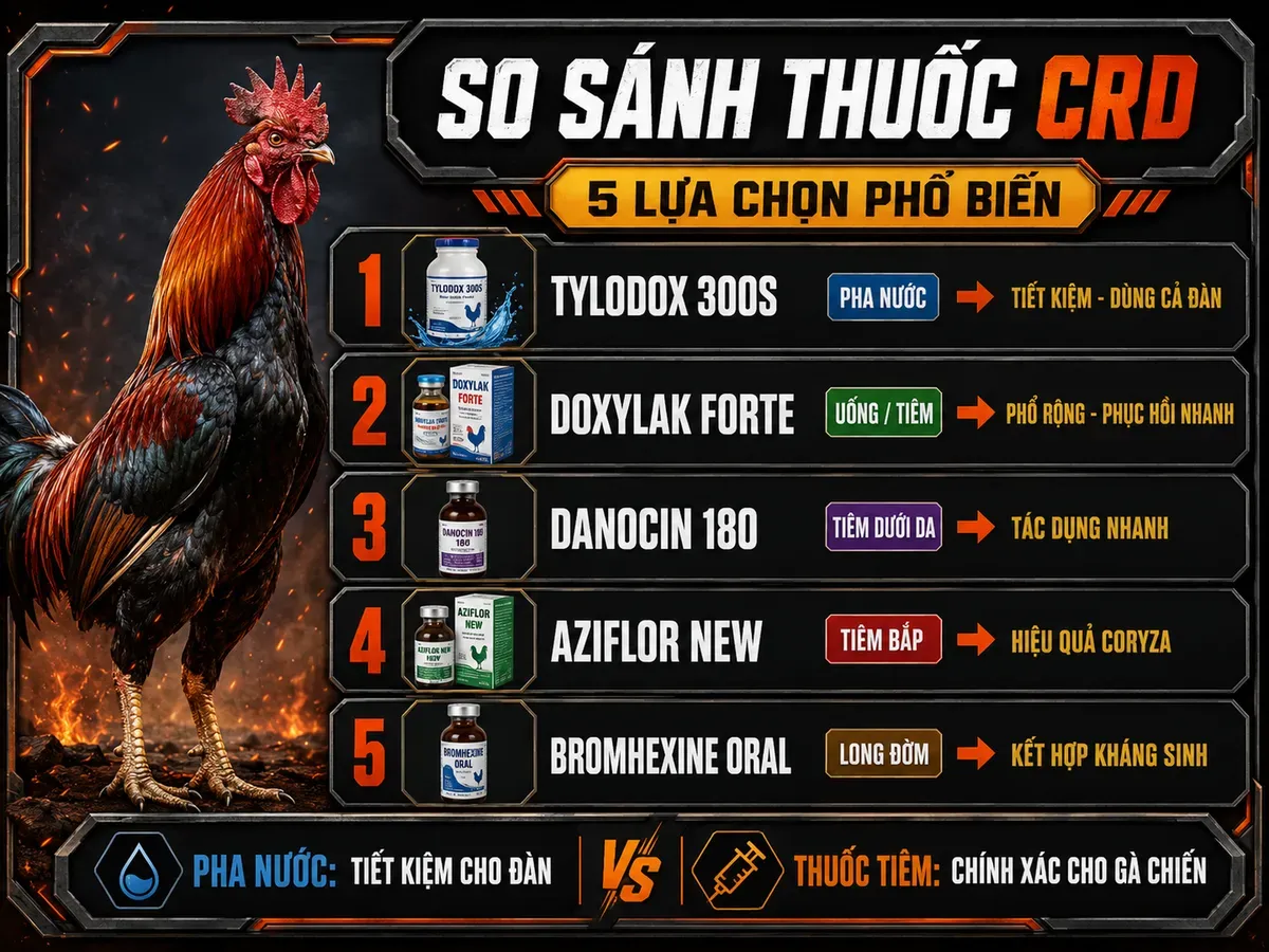 So sánh các loại thuốc trị gà khò khè sổ mũi cho gà chiến gồm Tylodox 300S, Doxylak Forte, Danocin 180, Aziflor New và Bromhexine Oral