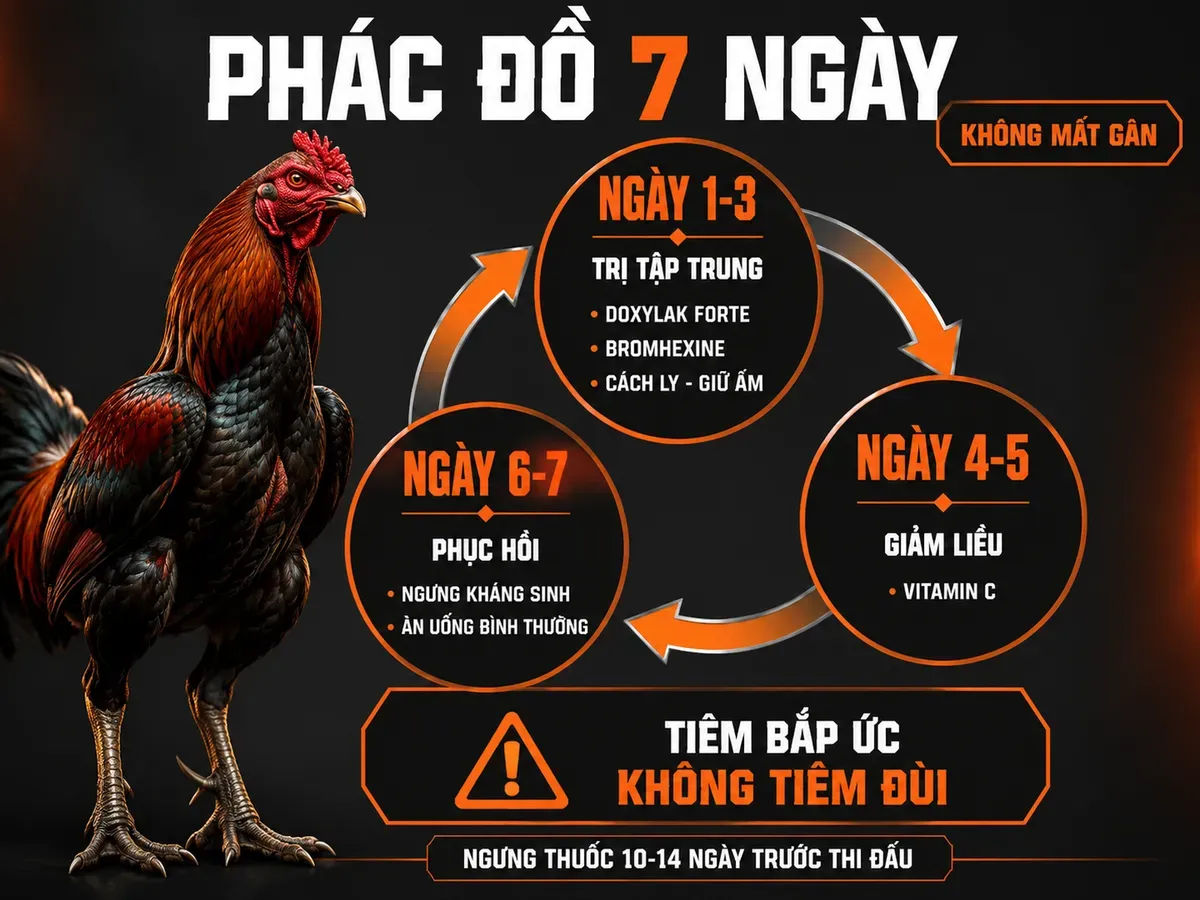 Infographic phác đồ 7 ngày trị gà khò khè cho gà chiến không mất gân với các giai đoạn điều trị và phục hồi