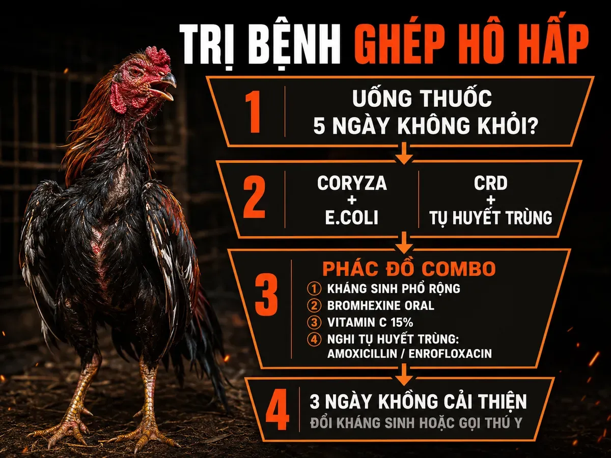 Infographic bệnh ghép Coryza E.coli và CRD tụ huyết trùng cùng phác đồ combo điều trị cho gà đá