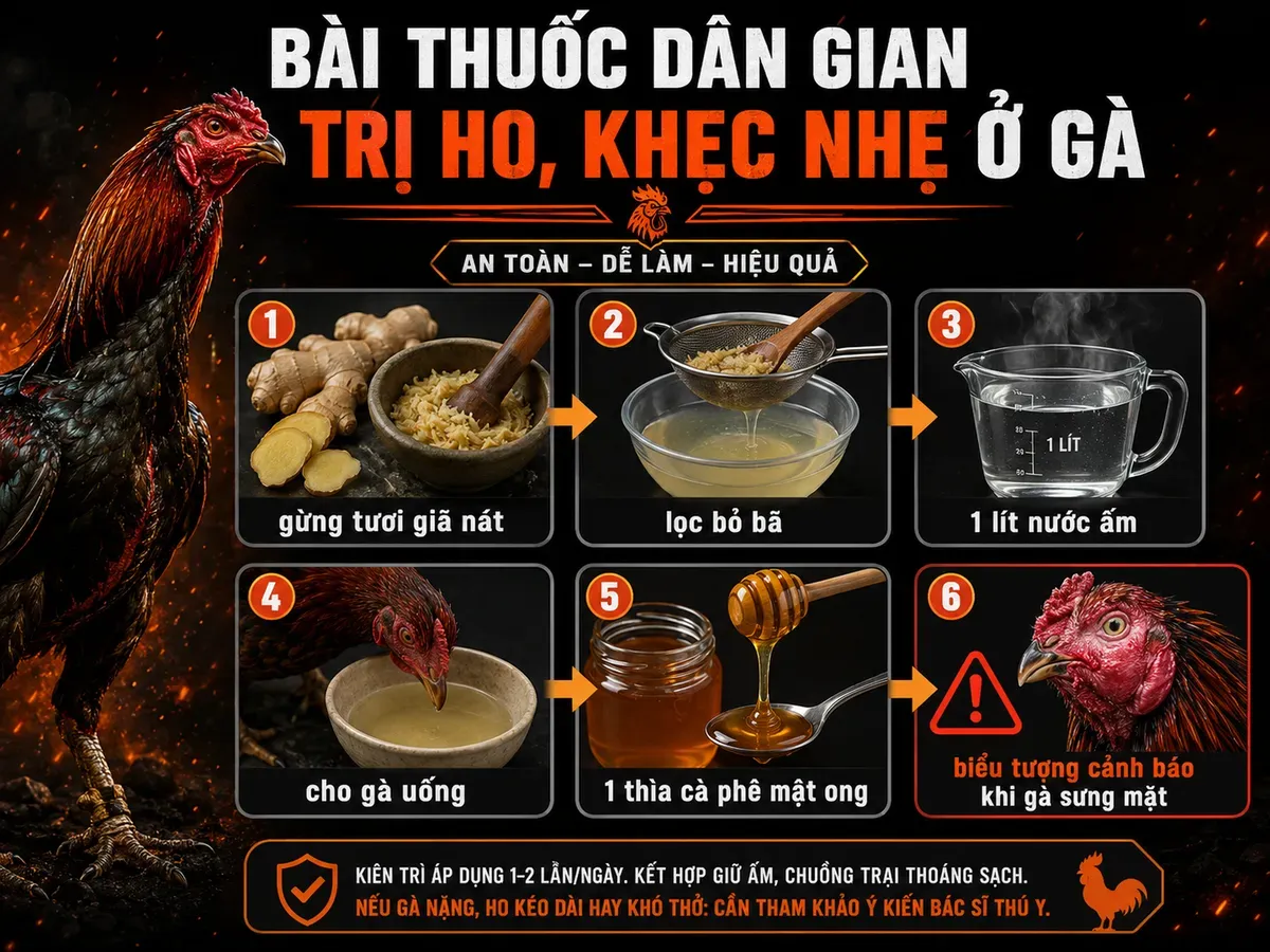 Hướng dẫn pha nước gừng trị gà khò khè nhẹ, minh họa từng bước, nhãn rõ ràng, phong cách mạnh mẽ