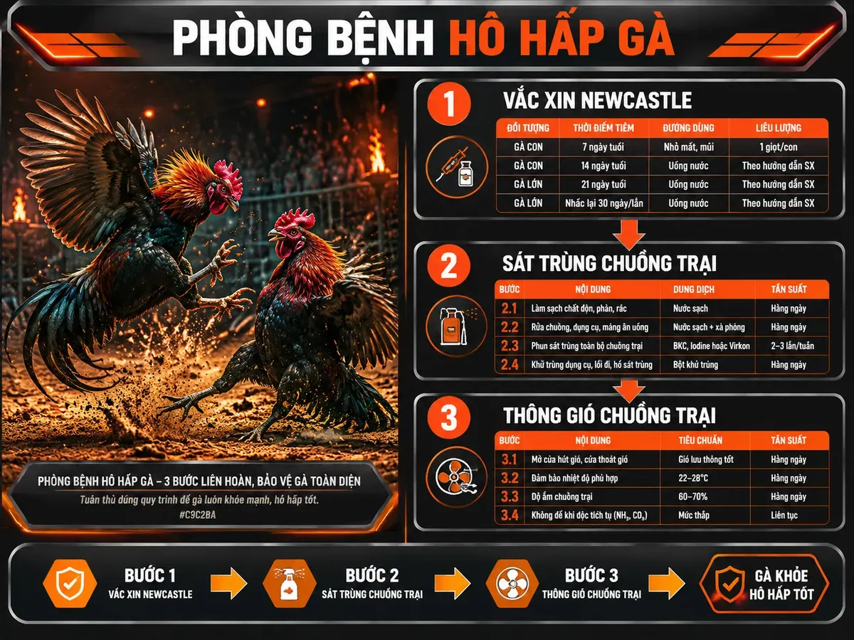 Infographic hướng dẫn phòng bệnh hô hấp cho gà chiến: vắc xin, sát trùng, thông gió