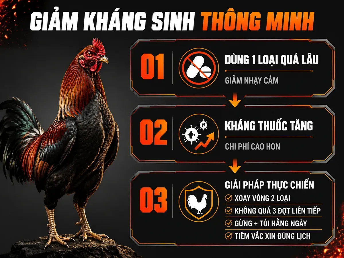 Infographic kháng kháng sinh ở gà đá, xoay vòng kháng sinh kết hợp thảo dược và vắc xin để giảm kháng thuốc