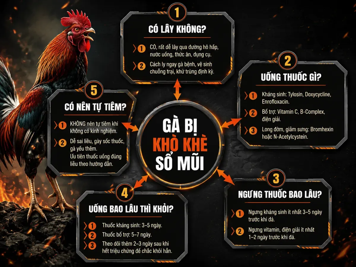 Infographic hướng dẫn chi tiết thuốc trị gà khò khè sổ mũi, liều dùng, cách tiêm và thời gian nghỉ thuốc