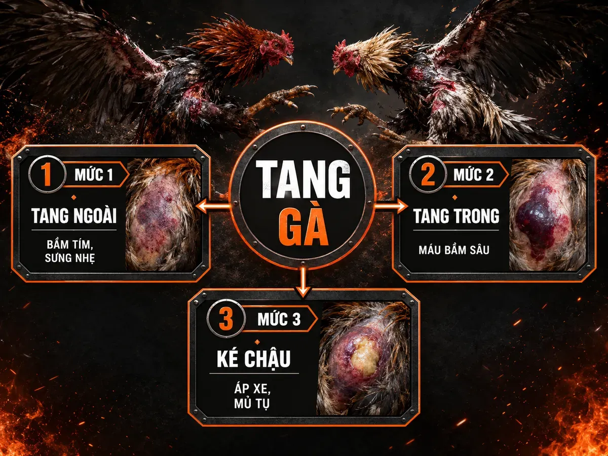 Minh hoạ phân loại 3 mức độ tang gà đá: ngoài, trong, ké chậu, nhận biết sớm và xử lý đúng