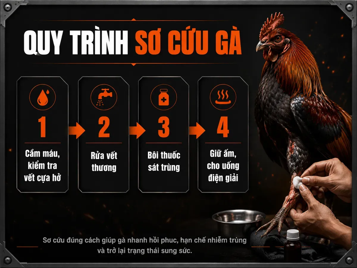 Hình infographic 4 bước sơ cứu gà đá: cầm máu, rửa vết, bôi thuốc, giữ ấm và cho uống điện giải, phong cách dark combat.