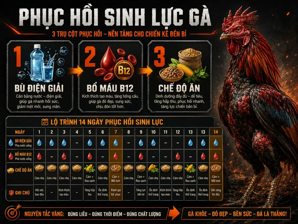 Infographic phục hồi sinh lực gà đá sau trận, hướng dẫn bù điện giải, bổ máu và chế độ ăn theo ngày