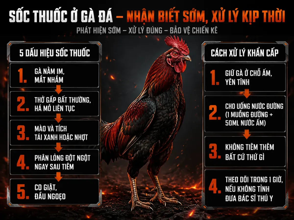 Infographic hướng dẫn nhận biết và xử lý sốc thuốc cho gà đá, hiển thị các dấu hiệu và bước sơ cứu