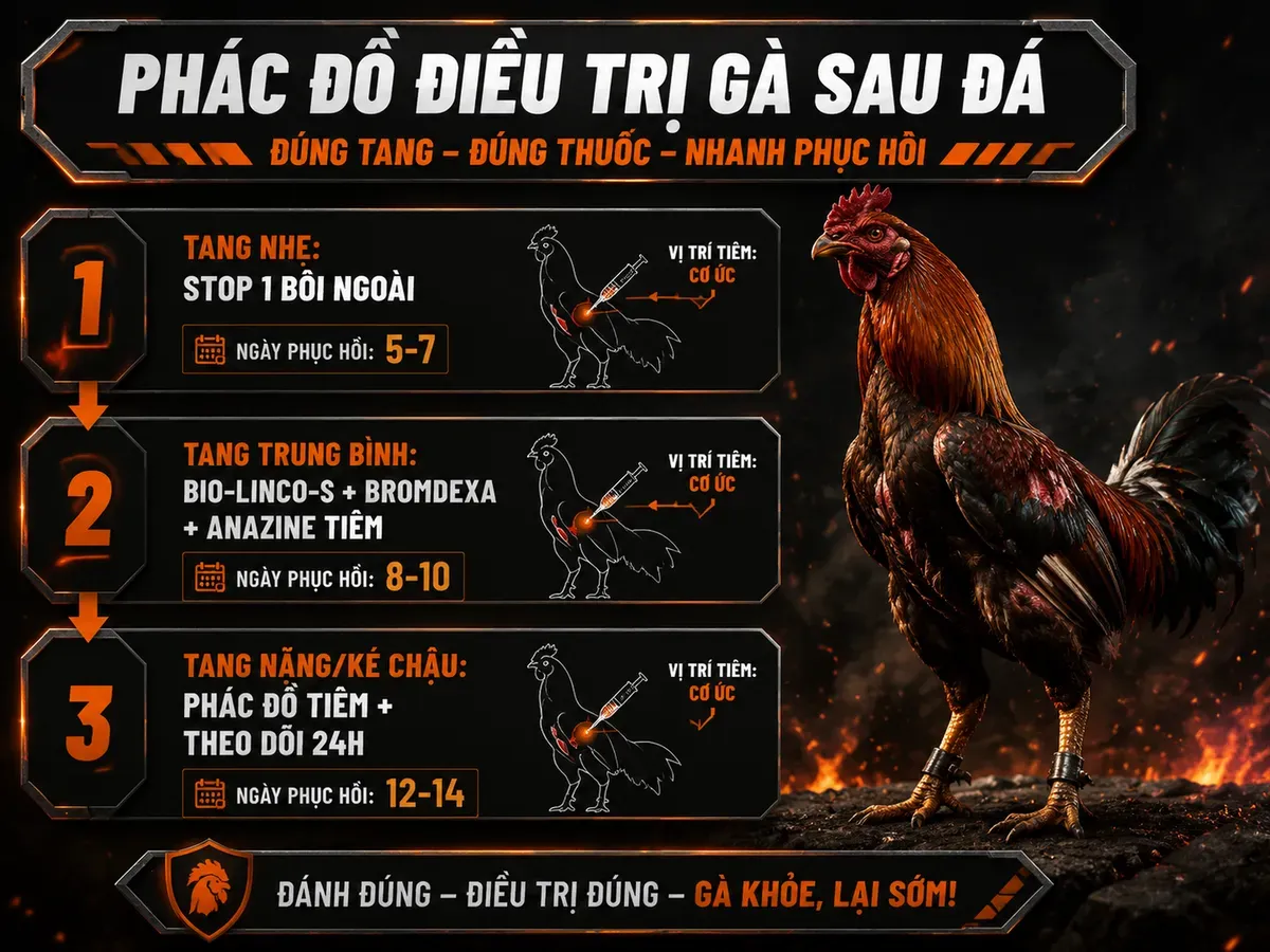 Phác đồ thuốc trị tang gà chi tiết theo mức độ, vị trí tiêm, liều lượng, thời gian hồi phục, cho người nuôi gà tham khảo