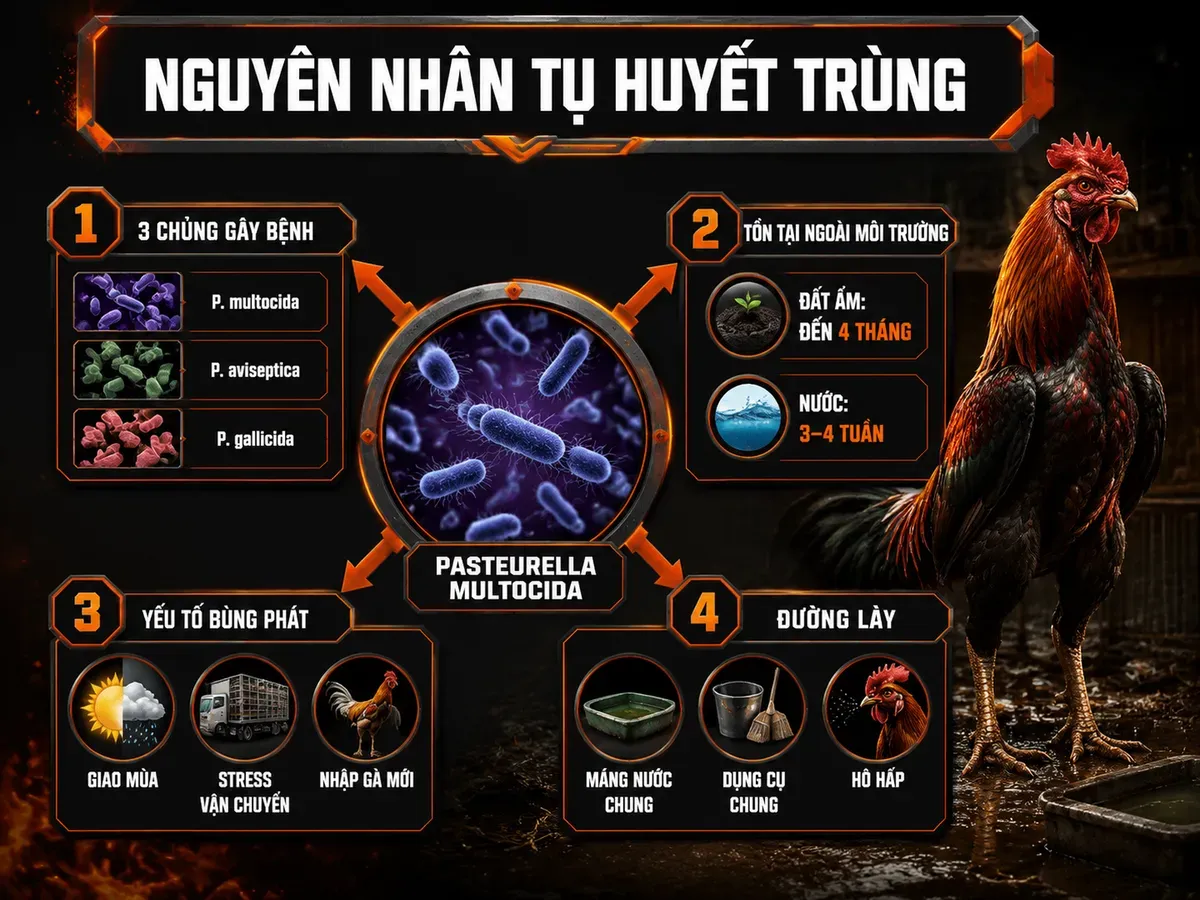 Sơ đồ nguyên nhân gây bệnh tụ huyết trùng ở gà với Pasteurella multocida, các chủng vi khuẩn, môi trường tồn tại và yếu tố bùng phát