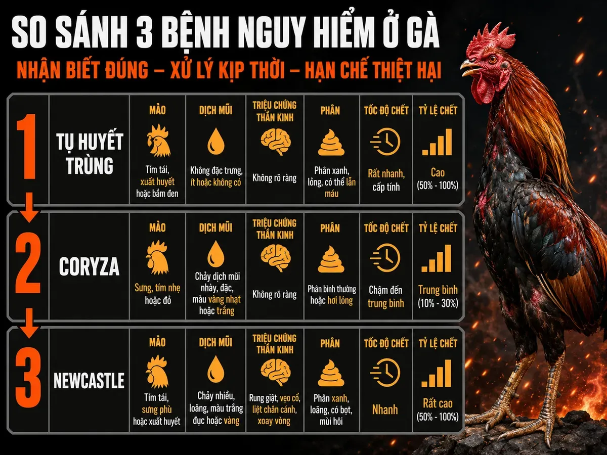 So sánh triệu chứng và tỷ lệ chết giữa tụ huyết trùng, Coryza và Newcastle ở gà chiến