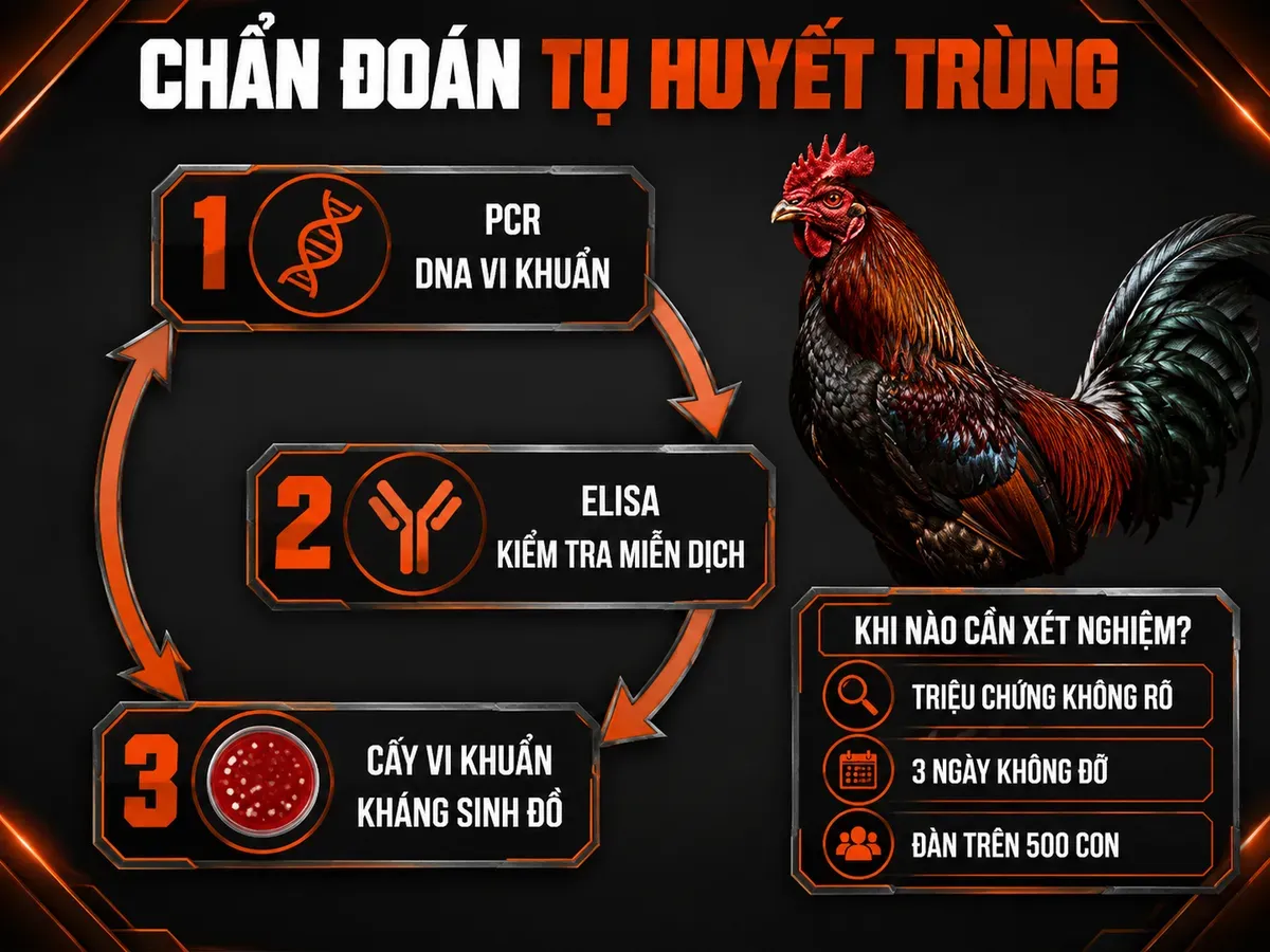 Infographic chẩn đoán bệnh tụ huyết trùng ở gà bằng PCR ELISA và cấy vi khuẩn