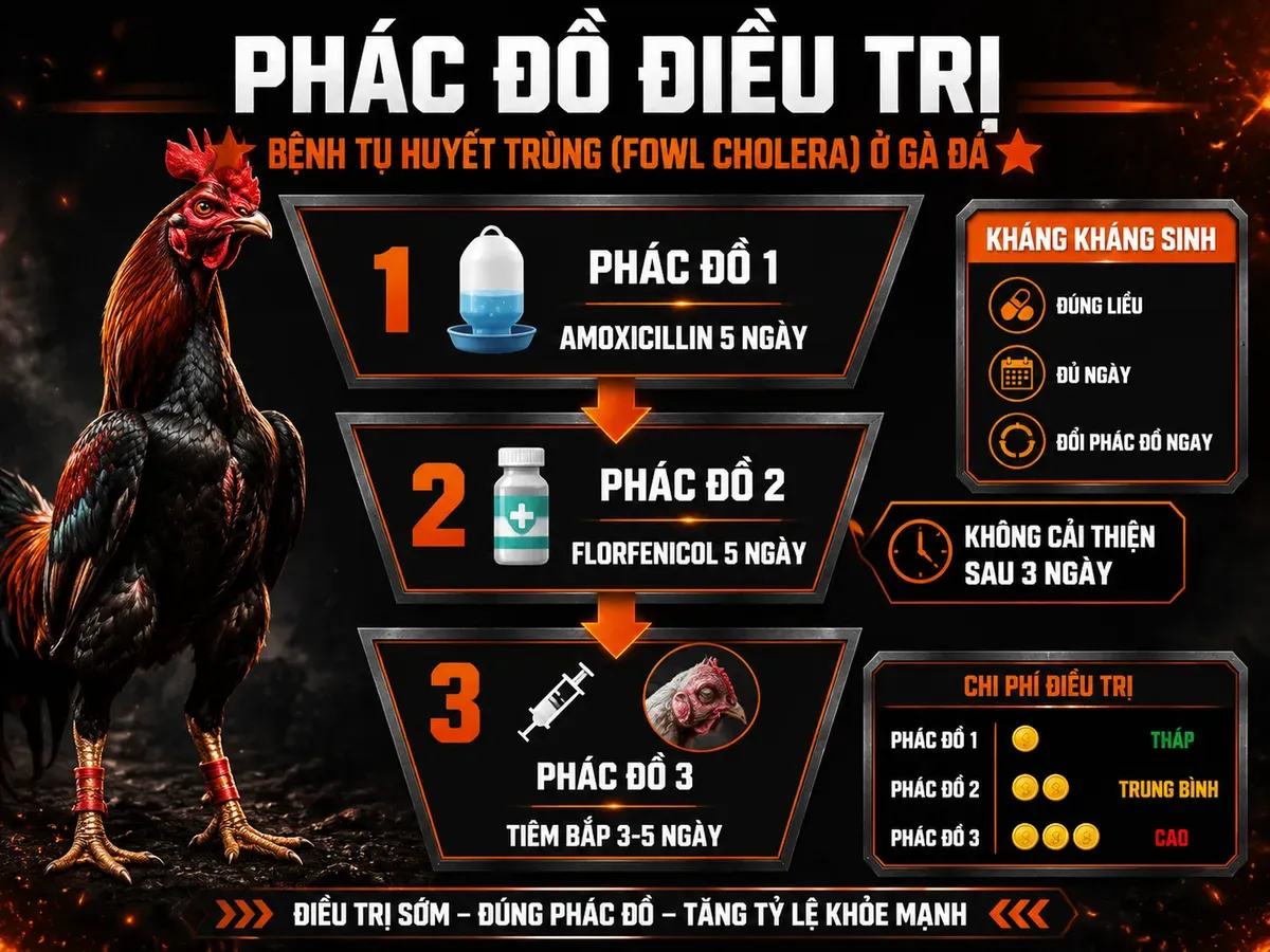 Infographic phác đồ điều trị tụ huyết trùng ở gà theo mức độ bệnh và kháng kháng sinh