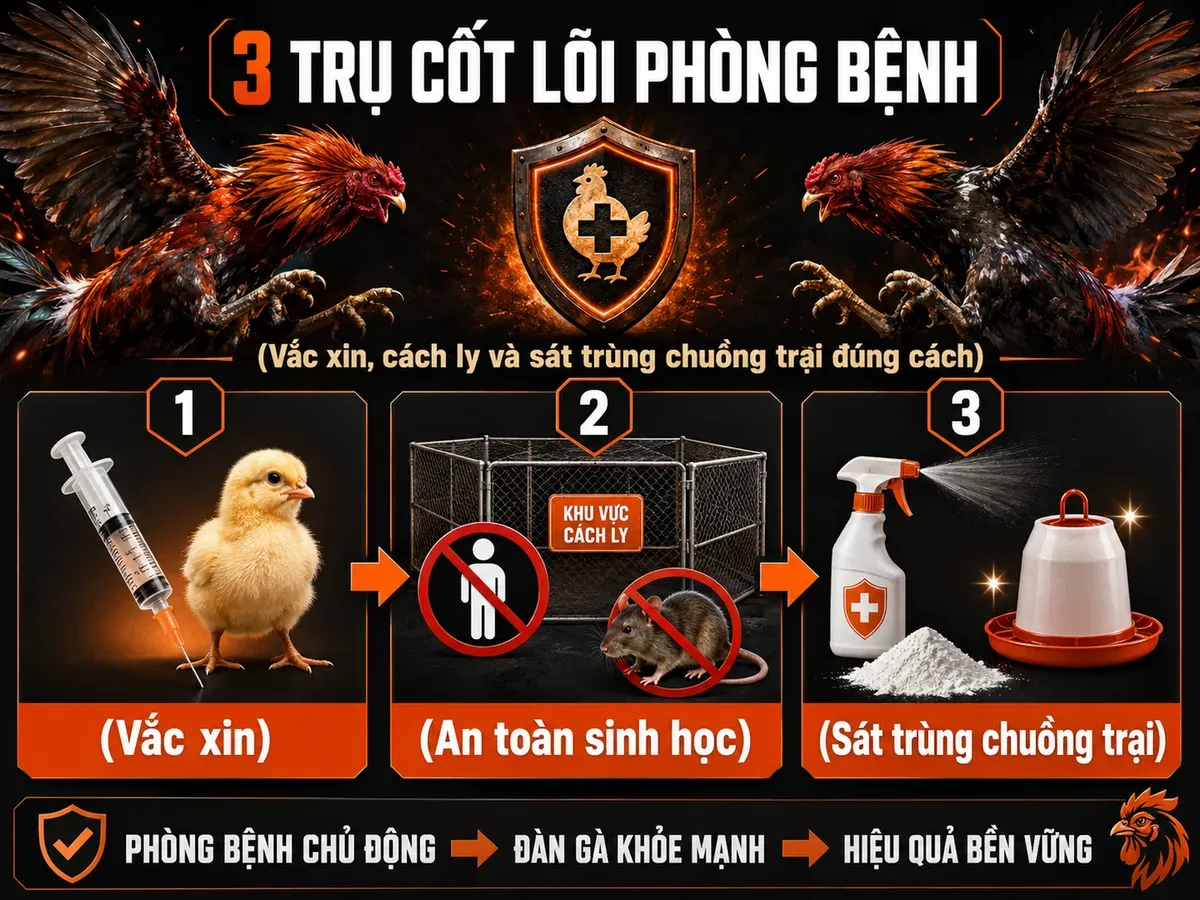 Infographic phòng tụ huyết trùng gà: vắc xin, an toàn sinh học, sát trùng chuồng