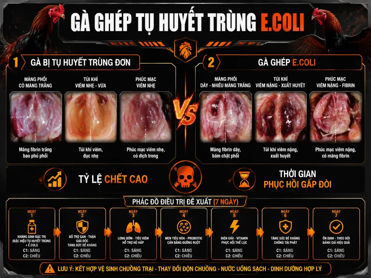 <vi>Hình minh họa so sánh gà bị tụ huyết trùng đơn và ghép E.coli, mô tả gan, túi khí và màng fibrin, biểu đồ tỷ lệ chết và thời gian phục hồi.>