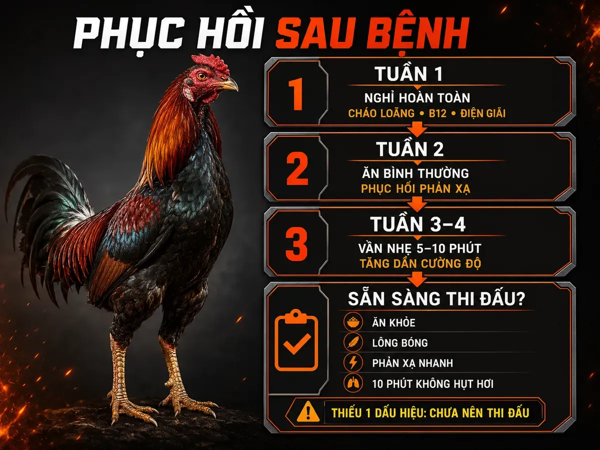 Infographic timeline phục hồi gà chiến sau bệnh tụ huyết trùng từ tuần 1 đến tuần 4 và 4 dấu hiệu đủ điều kiện thi đấu lại.