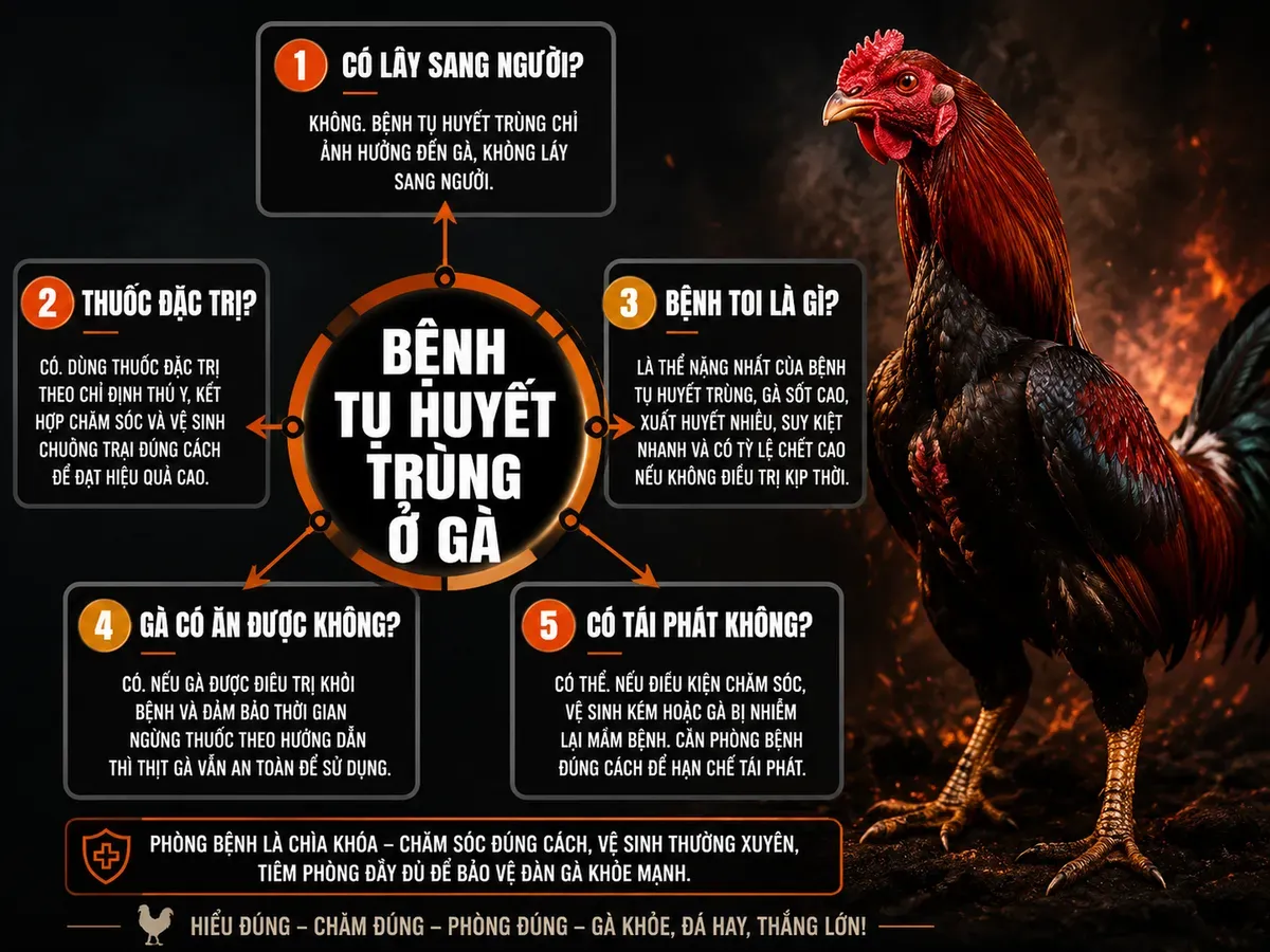 Infographic hướng dẫn bệnh tụ huyết trùng ở gà, giải đáp câu hỏi thường gặp, phác đồ thuốc, phòng ngừa